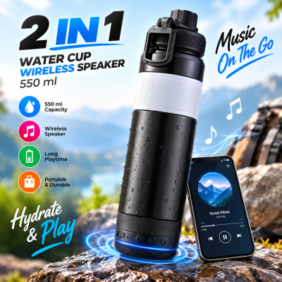2-in-1 Portable Wireless Bluetooth Speaker & Water Bottle (550ml) – Leak-Proof Lifestyle Gadget with Hand Strap for Sports, Gym & Outdoor Travel